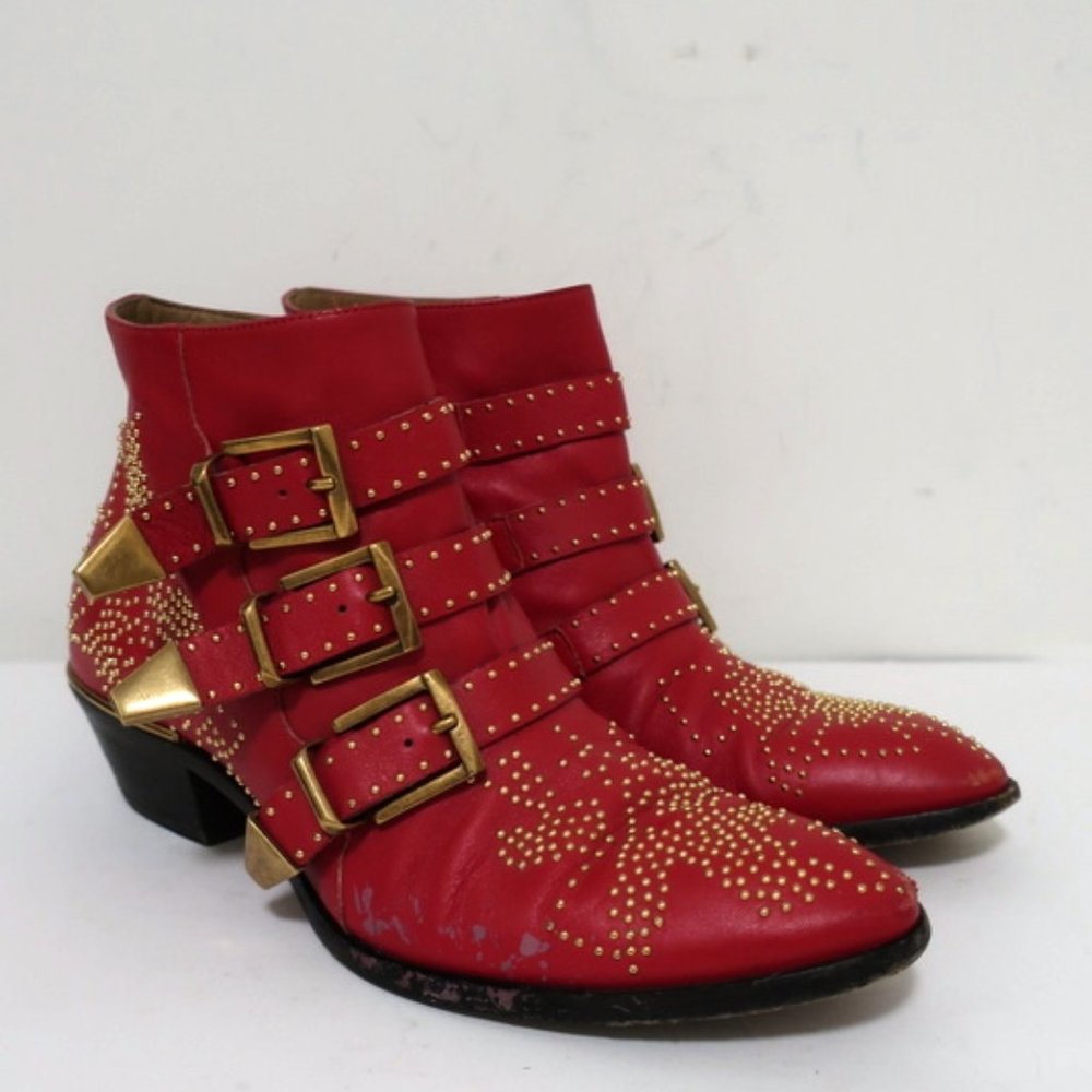 Chloe Susanna Studded Ankle Boots Red Leather
